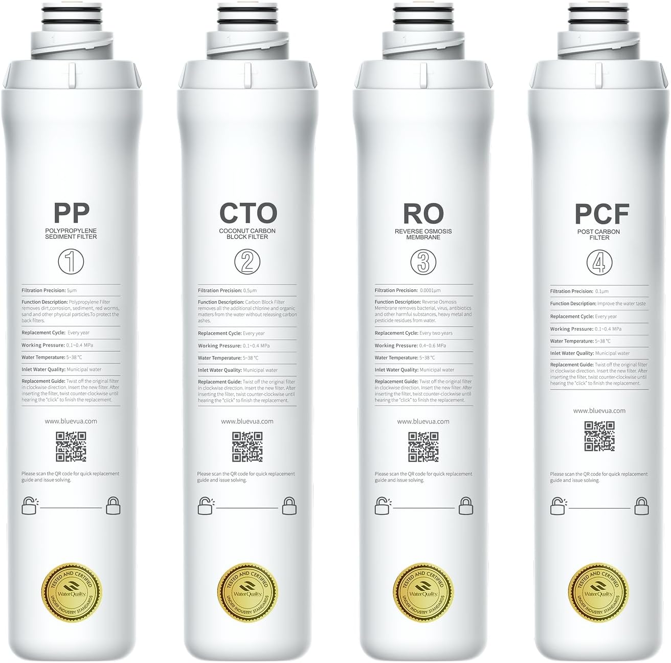 Bluevua Official RO100ROPOT 4-Pack Replacement Filter Set, Pack of 1 PP Filter and 1 CTO Filter and 1 RO Filter and 1 PCF Filter