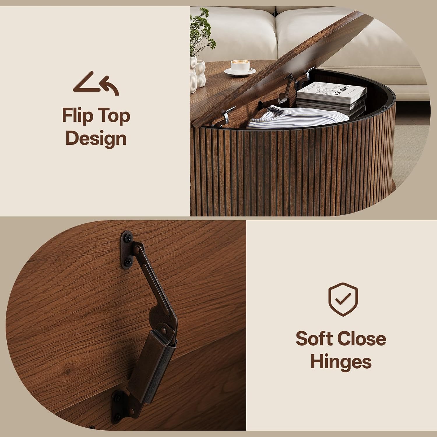 Round Coffee Table with Storage, Mid Century Modern Coffee Table, Fluted Dining Table with Sliding Door, Circle Coffee Table for Living Room Home Office, 31.5', Walnut