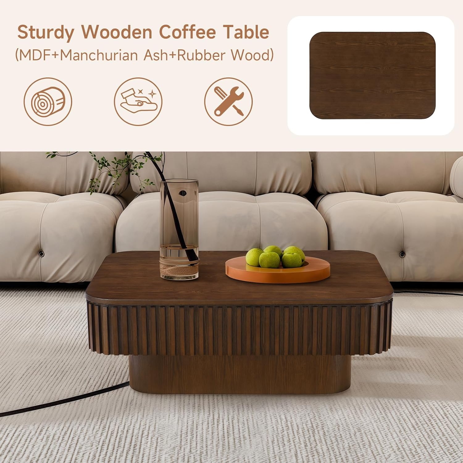 Lift Top Coffee Table for Living Room, Fluted Coffee Tables with Storage, Solid Wood Veneered Modern Accent Tea Center Table for Small Space Apartment (Walnut-38.6''D×26.8''H)