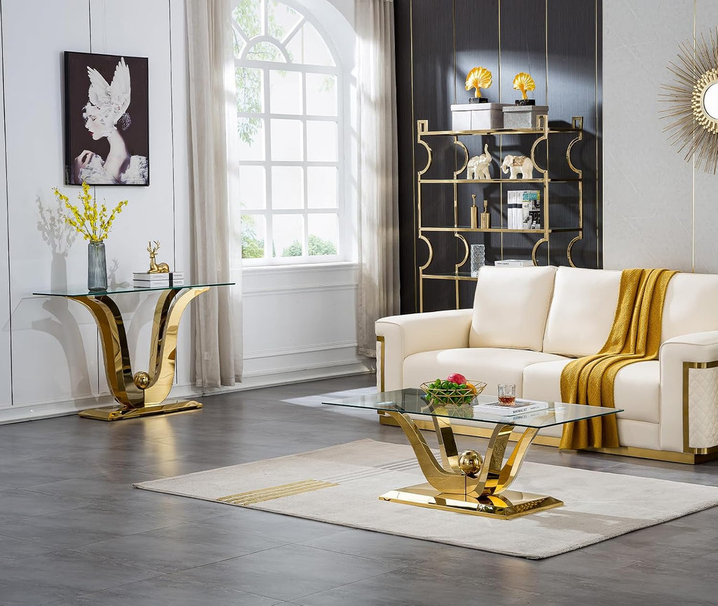SSLine 1 Piece Living Room Console Table Luxury Glass Entryway Table, Modern Gold Console Table with Flower-Shape Stainless Steel Pedestal Base for Living Room Hallway Corridor(1 Console Table)