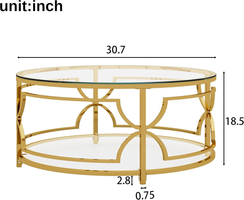 Merax 30.7' Round Tempered Glass Coffee Table, Luxurious Gold Geometric Metal Frame Side Table with Lower Storage Shelf, Modern Accent End Tables for Living Room, Bedroom, Apartment, Transparent
