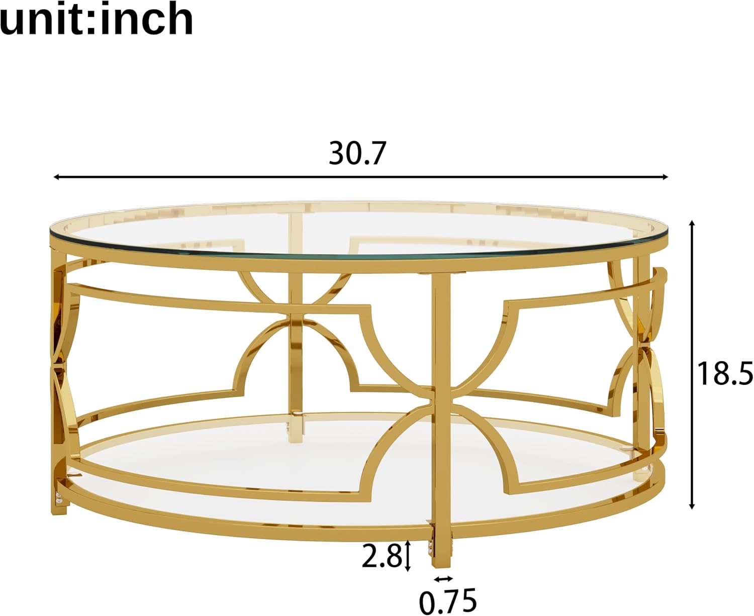 Merax 30.7' Round Tempered Glass Coffee Table, Luxurious Gold Geometric Metal Frame Side Table with Lower Storage Shelf, Modern Accent End Tables for Living Room, Bedroom, Apartment, Transparent