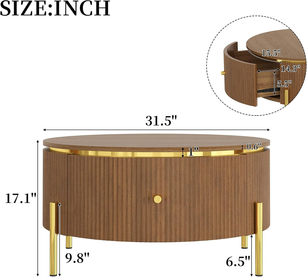 31.5' Modern Round Coffee Table with 2 Large Drawers Storage Accent Table, Brown