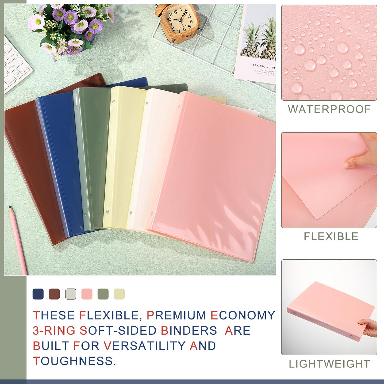 Fulmoon 48 Pack 3 Ring Plastic Binders 1 Inch Bulk with 2 Pockets, Flexible Binder Loose Leaf Hardcover, Fit 12' x 10' US Letter Size Paper, for School Office Home, 6 Colors(Boho)