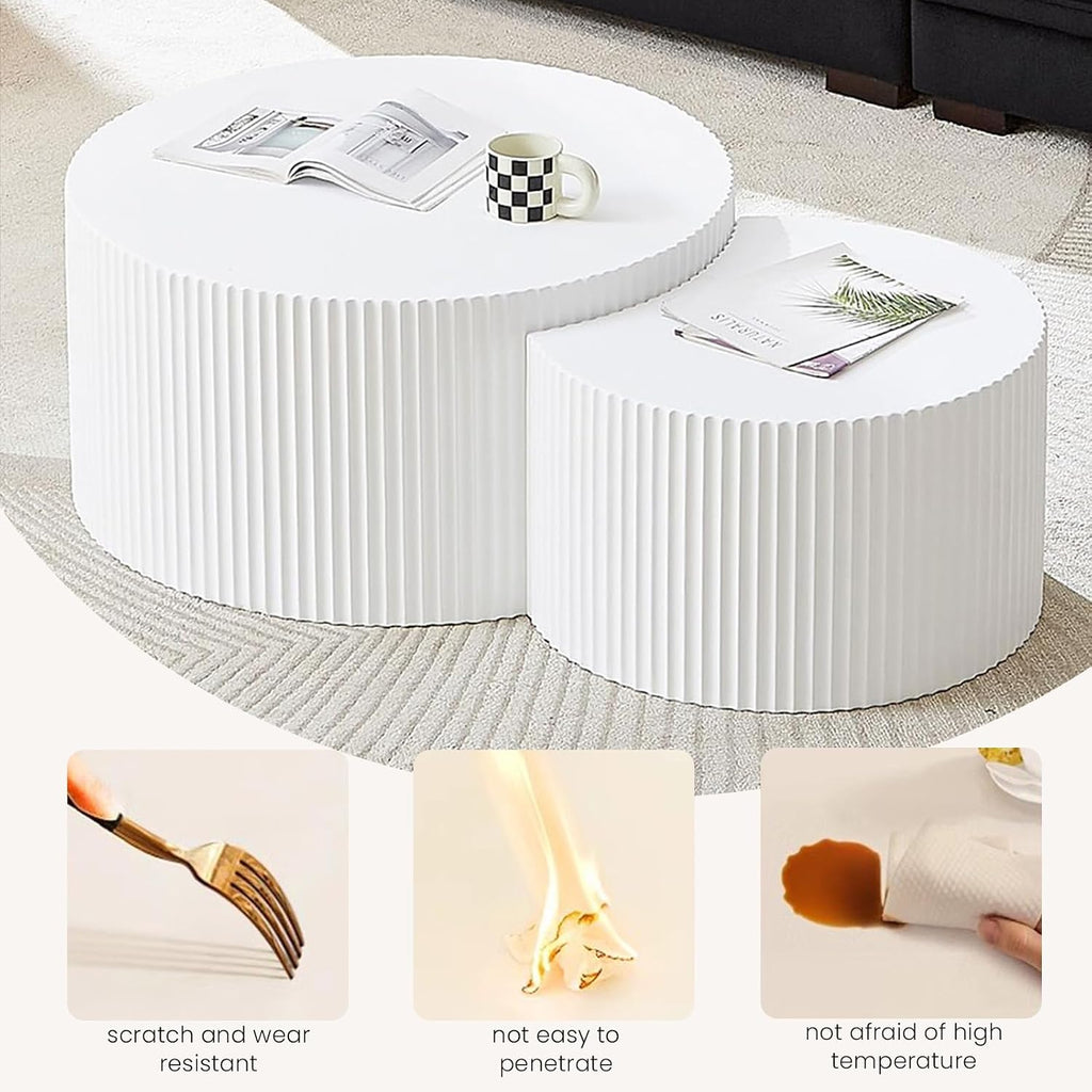 Nesting Coffee Table Set of 2 Wood Circle Drum Coffee Tables Set Contemporary Fluted Coffee Table Round Wooden Coffee Tables for Living Room & Small Space ((Cream, 27.5 +19.6in)