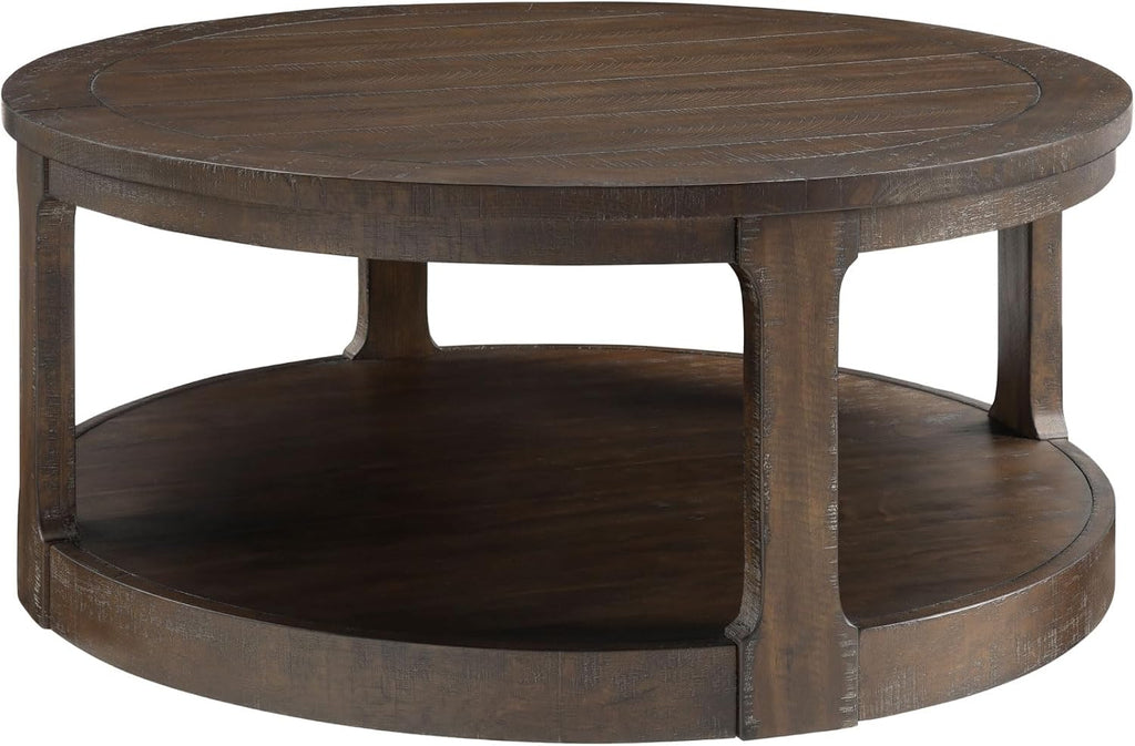 40' Round Coffee Table with Wheels, 2 Tier Solid Wood Center Coffee Tables, Retro Farmhouse Circle End Table for Living Room Apartment Office (Dark Brown)