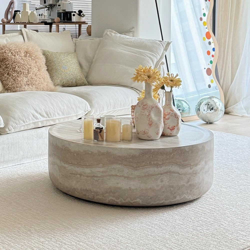 WILLIAMSPACE 31.49'' Round Coffee Table in Faux Marble, Modern Circle Fiberglass Drum Stone Center Table Side Table Tea Table for Living Room, No Need Assembly (Mars Pattern)