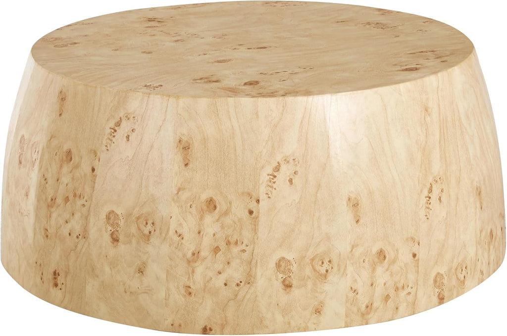 35' Rustic Drum Coffee Table for Living Room Round Center Table Modern Drum-Shape Wooden Cocktail Table for Home Office, Fully Assembled - Burl Wood Veneer Natural Color