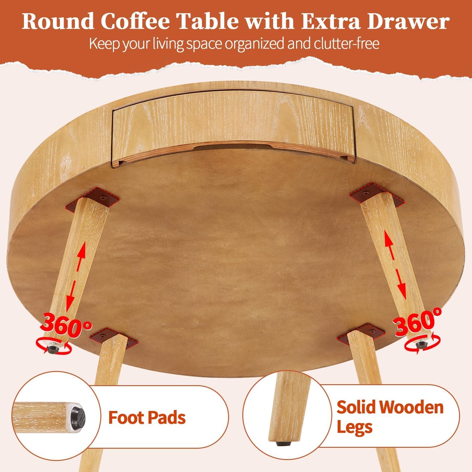 Round Wood Coffee Table for Living Room, Modern Wood Table with Storage, Wooden Circle Coffee Table, 29.14' L x 29.14' W x 15.87' H