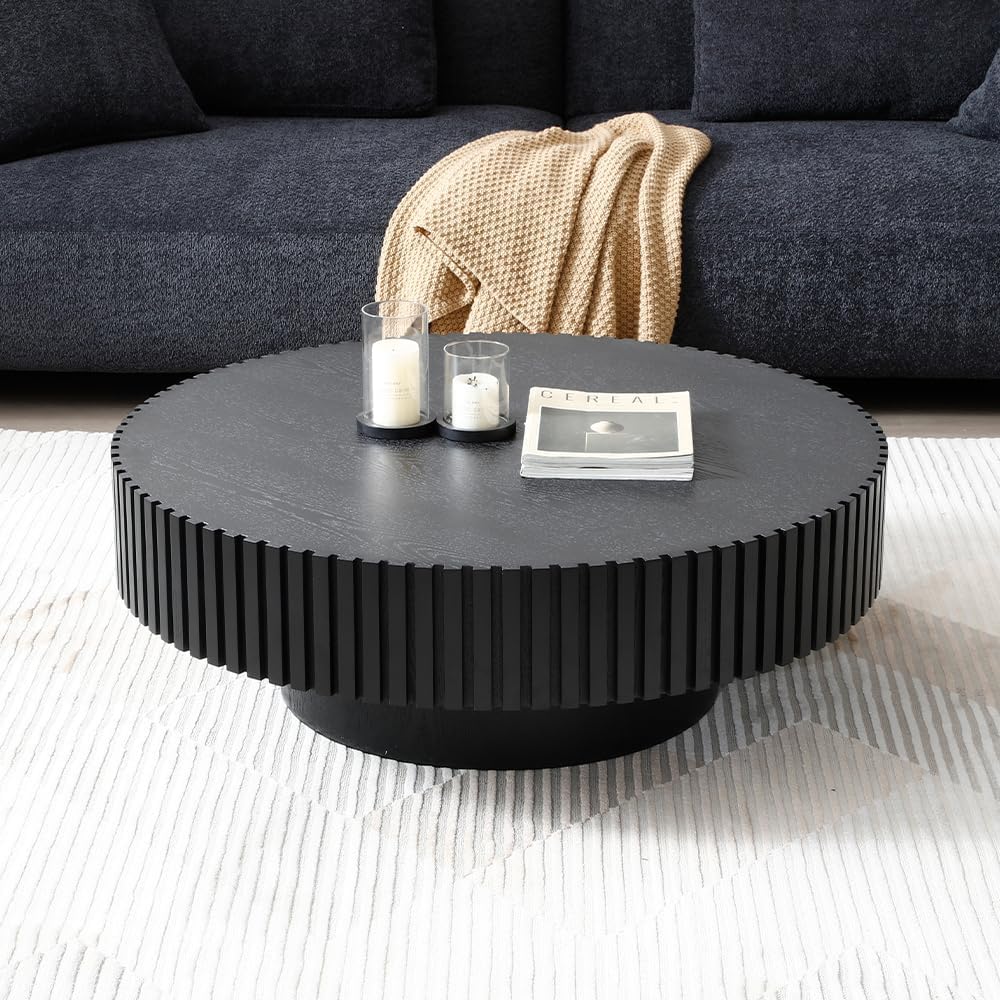 WILLIAMSPACE 39.4' Black Round Coffee Table, Modern Luxury Wood Circle Drum Center Table for Living Room, Accent Side End Table for Apartment, ø39.4'' x 13.4''H (Black)