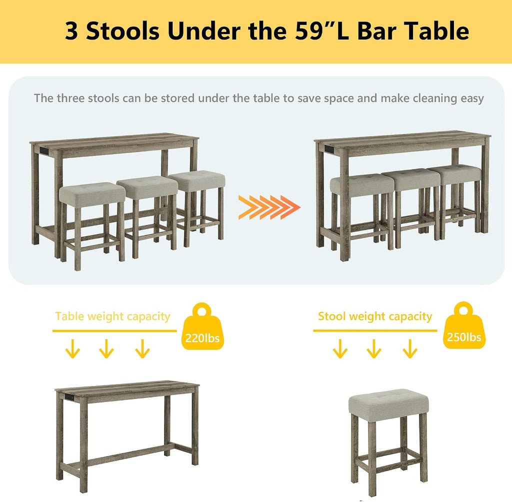 Merax 59' Bar Table Set with Power Outlet,Industrial Breakfast Table with 3 Upholstered Stools w/Footrest,4 Piece Counter Height Bar Table and Chair Set for Living Room,Dining Room,Kitchen,Brown