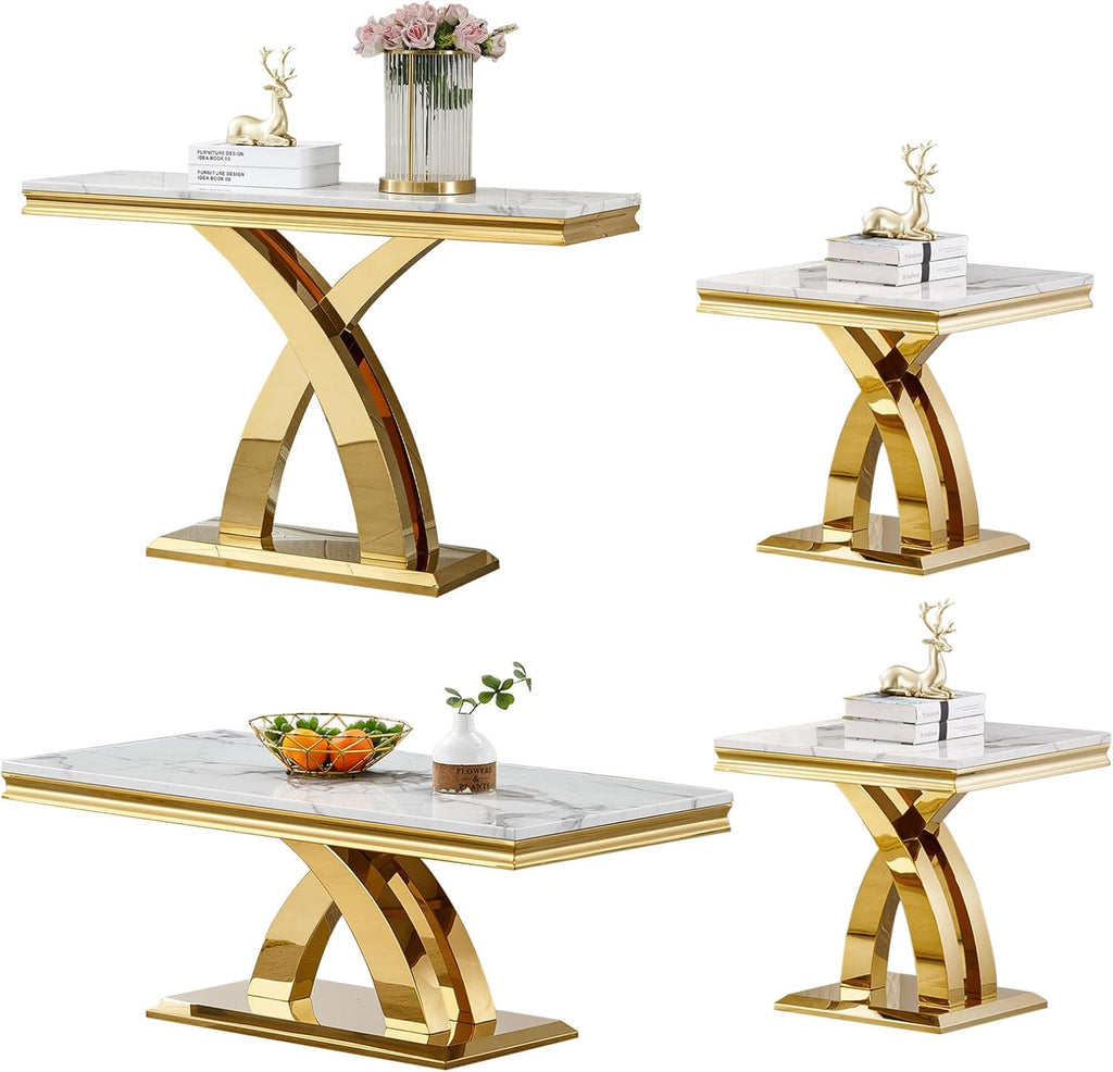 4 Pieces Coffee Table Set, Faux Marble Living Room Table Set of 4, Modern Coffee Table, Console Table and 2 End Tables with X-Shaped Stainless Steel Base for Living Room (White Gold)