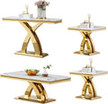4 Pieces Coffee Table Set, Faux Marble Living Room Table Set of 4, Modern Coffee Table, Console Table and 2 End Tables with X-Shaped Stainless Steel Base for Living Room (White Gold)