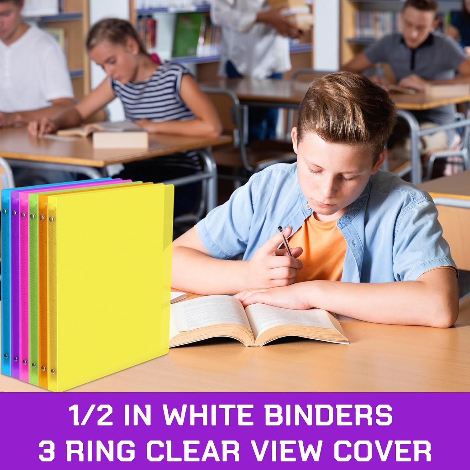 Fulmoon 48 Pack 3 Ring Plastic Binders 1/2 Inch Bulk with 2 Pockets, Flexible Binder Loose Leaf Hardcover, Fit 12' x 10' US Letter Size Paper, for School Office Home, 6 Colors(Bright)