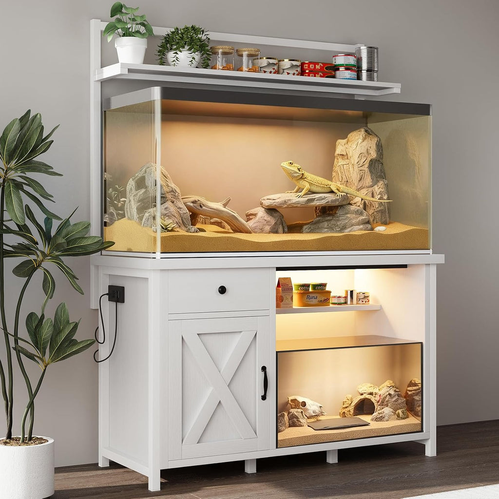 Reptile Tank Stand with Power Outlet, Terrarium Stand with Storage Cabinet, 49' X 20' Tabletop, Aquarium Stand with LED Lights, Reptile Terrarium,Turtle Tank, 1100LBS, White