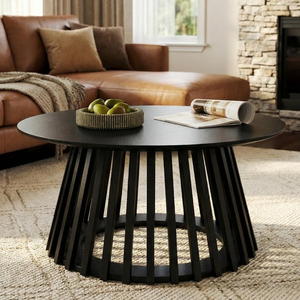 HNY Modern Black Round Coffee Table for Living Room, Mid Century Wood 31.5' Circle Small Center Table with Wooden Fluted Base for Home Small Space, Bedroom, Apartment, Studio