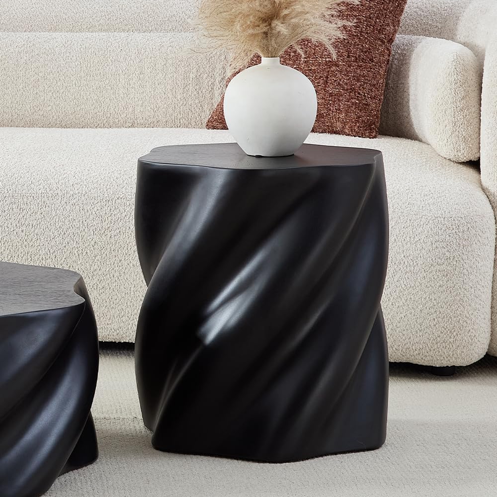 WILLIAMSPACE 17.72' End Table with Flower Shaped, Modern Drum Distorted Small Coffee Table Faux Stone Side Table for Living Room Apartment, Fiberglass, No Assembly (Black)