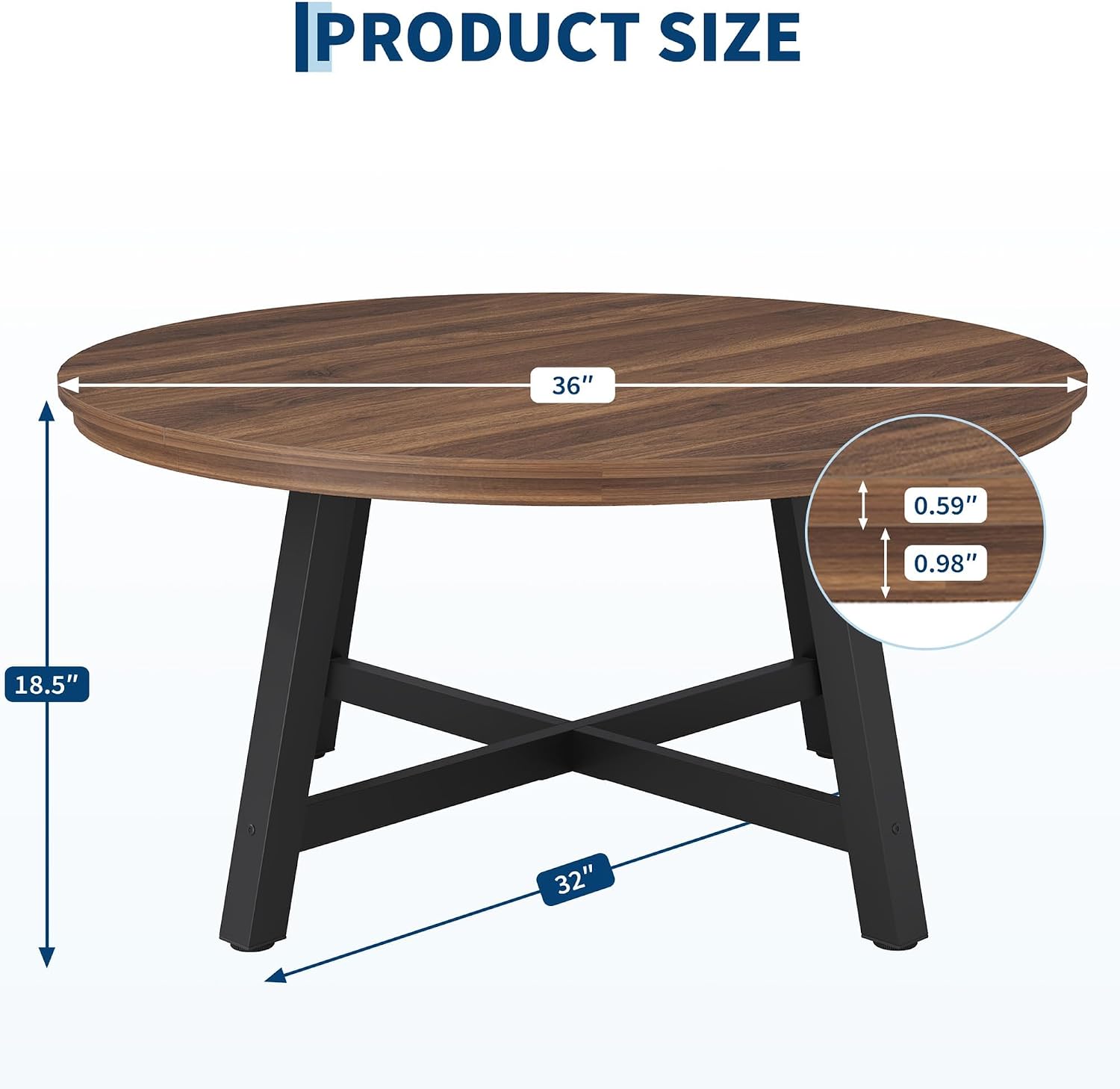 36' Round Coffee Table for Living Room, Large Circle Center Table with Wood Grain Top, Thick Metal Legs & Adjustable Feet, Modern Round Coffee Tables for Apartments Homes Easy Assembly, Brown