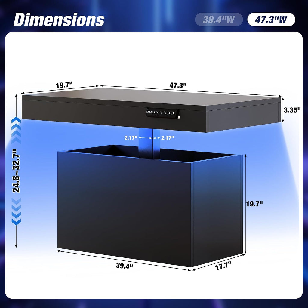 Homkdom 47.3' Electric Lift Top Coffee Table, Adjustable Height Table with Storage & LED Light, Coffee Tables for Living Room, Dining, Work and Gaming, Black