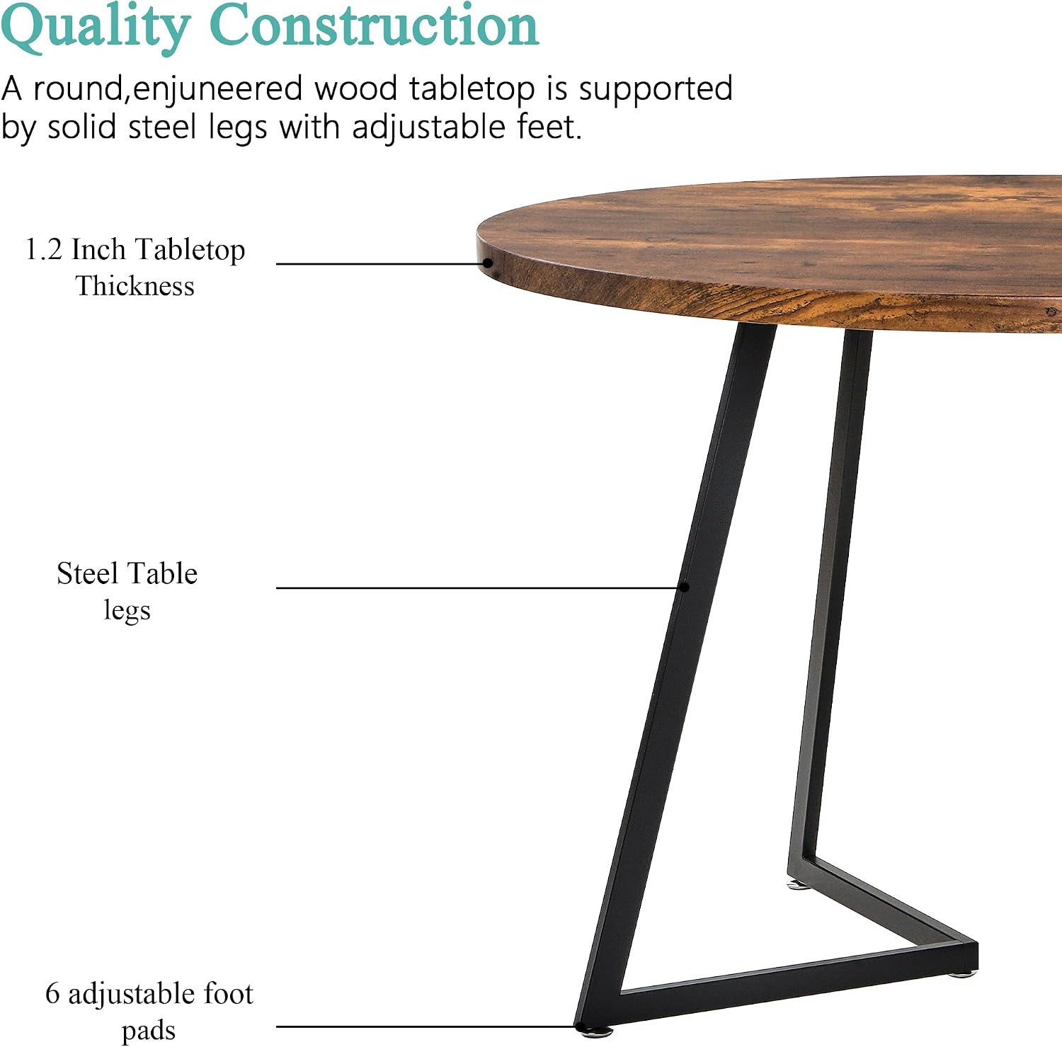 VECELO Round Dining Table Set for 4, Wood Tabletop & Heavy-Duty Steel Frame, 6-Piece Dinette with Chairs for Kitchen, Breakfast Nook, Antique Brown & Black