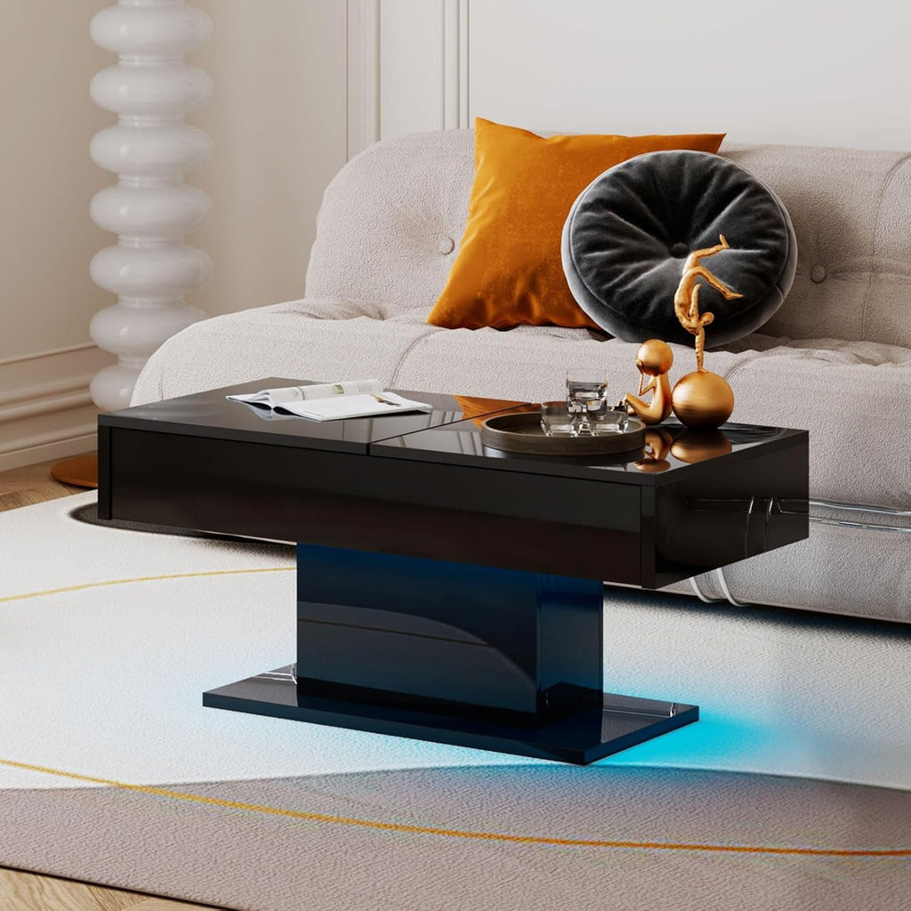 HedoAjim Black LED Coffee Table with Storage for Living Room, Living Room Table Rectangular Center Table, Modern High Glossy Wooden Coffee Tables for Dining Reception Room