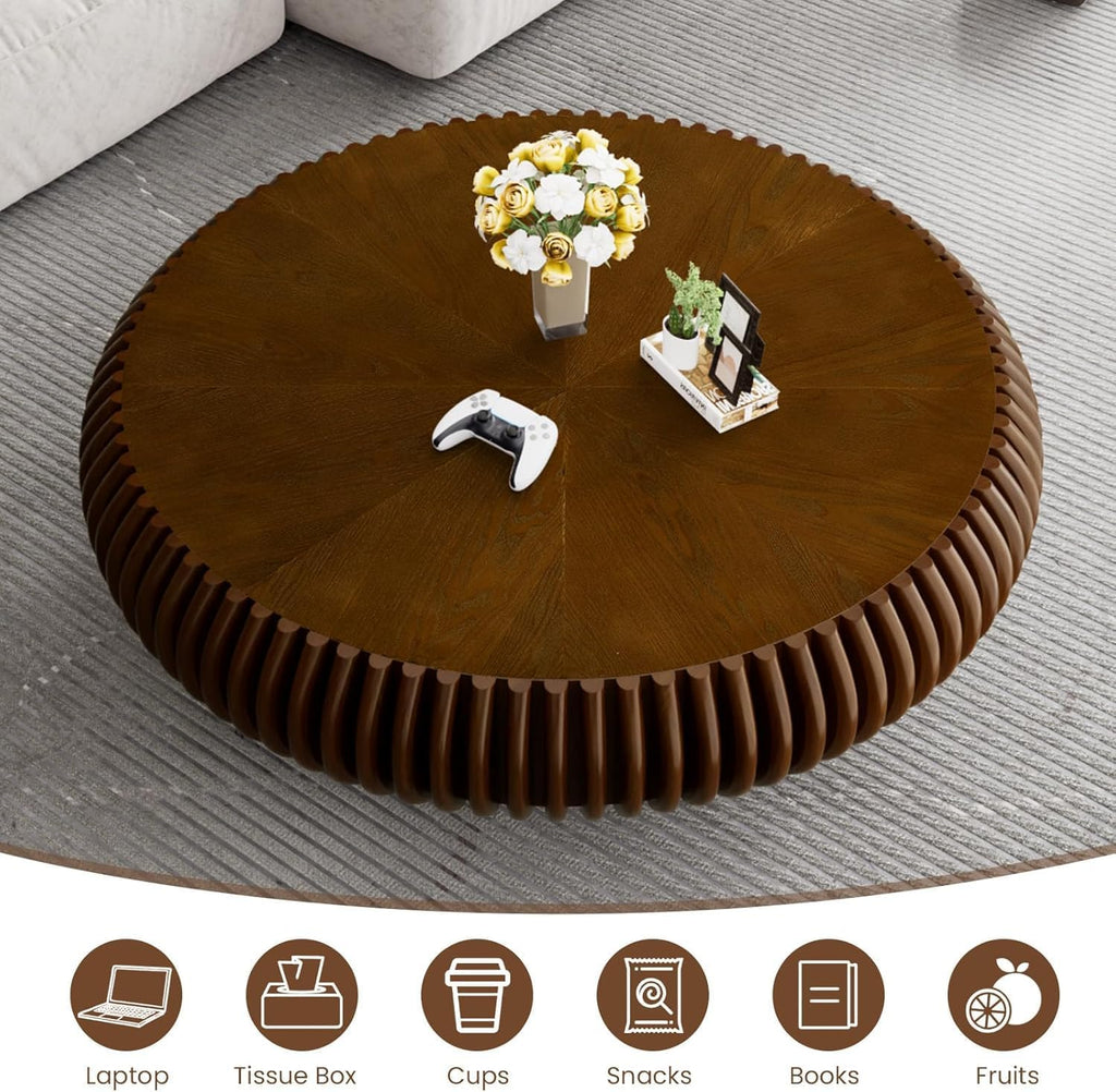 JHKZUDG Round Fluted Coffee Table 39.4'' Wood Drum Coffee Tables Contemporary Circle Accent Center Table Mid Century Side Table for Living Room, Small Space, Apartment (Walnut, 39.4' Coffee Table)