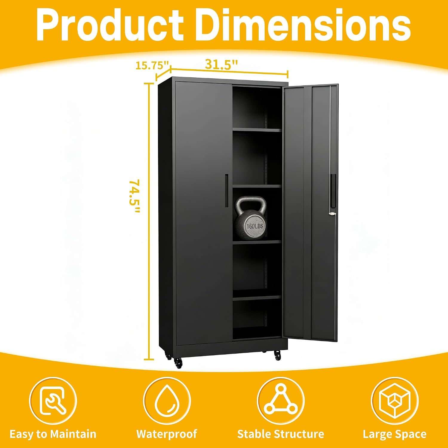 Metal Storage Cabinet with Wheels, 74.5' Garage Storage Cabinet with 4 Adjustable Shelves & Lockable Doors, Heavy Duty Garage Cabinets for Office, Home, Garage, Gym, School