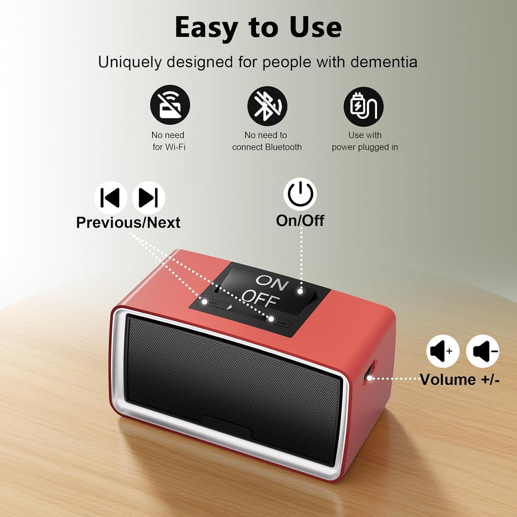 Simple MP3 Player with Large Buttons & Easy Operation, Music Player Ideal for Elderly, The Hearing Impaired, Dementia/Alzheimer's Patients, Audio Player with 32GB TF Card (Red)