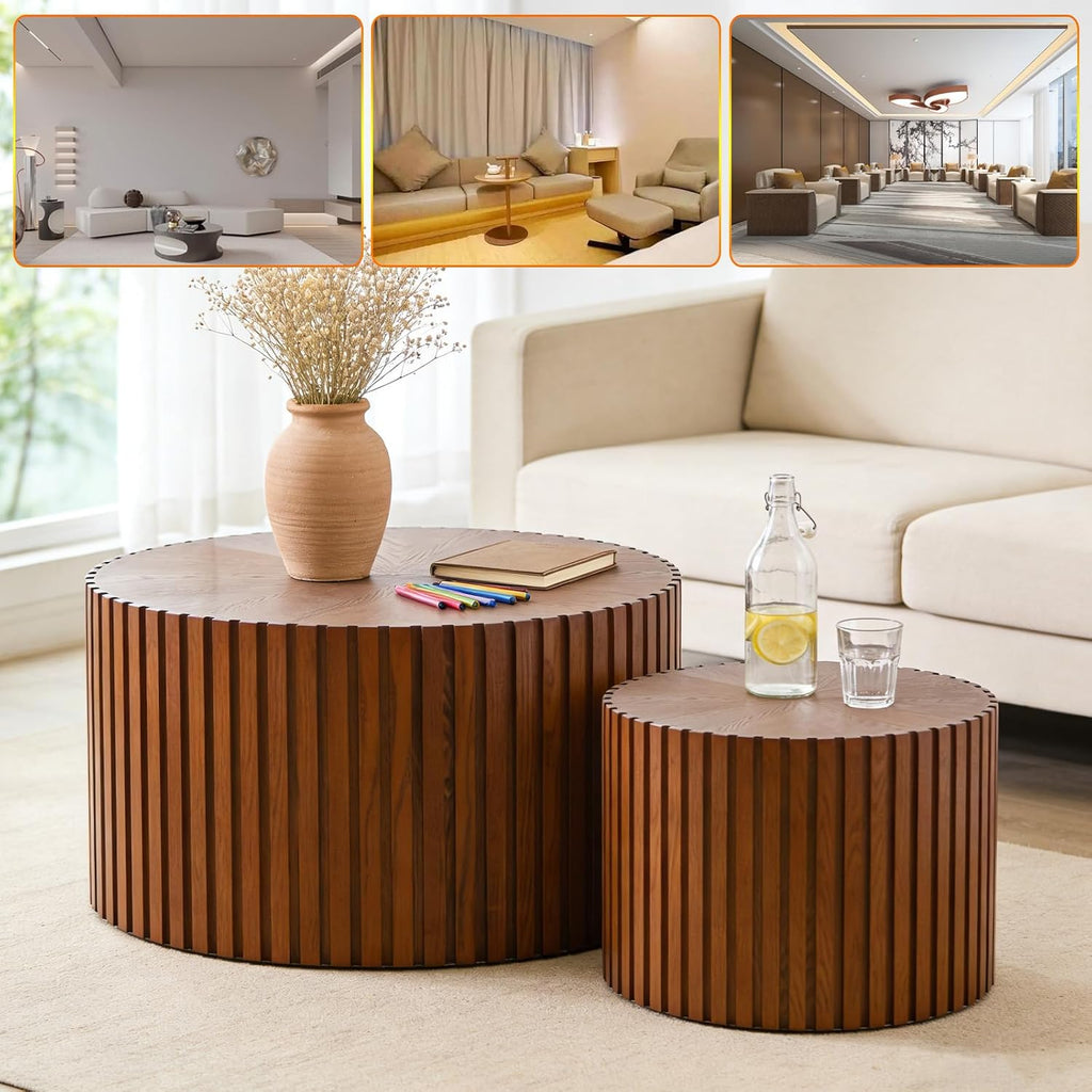 Handcraft Round Nesting Coffee Table - Chic Wave Stripe Edge, Modern Stylish Walnut Wooden Circle Fluted Center Table for Living Room (27.6in+19.7in)