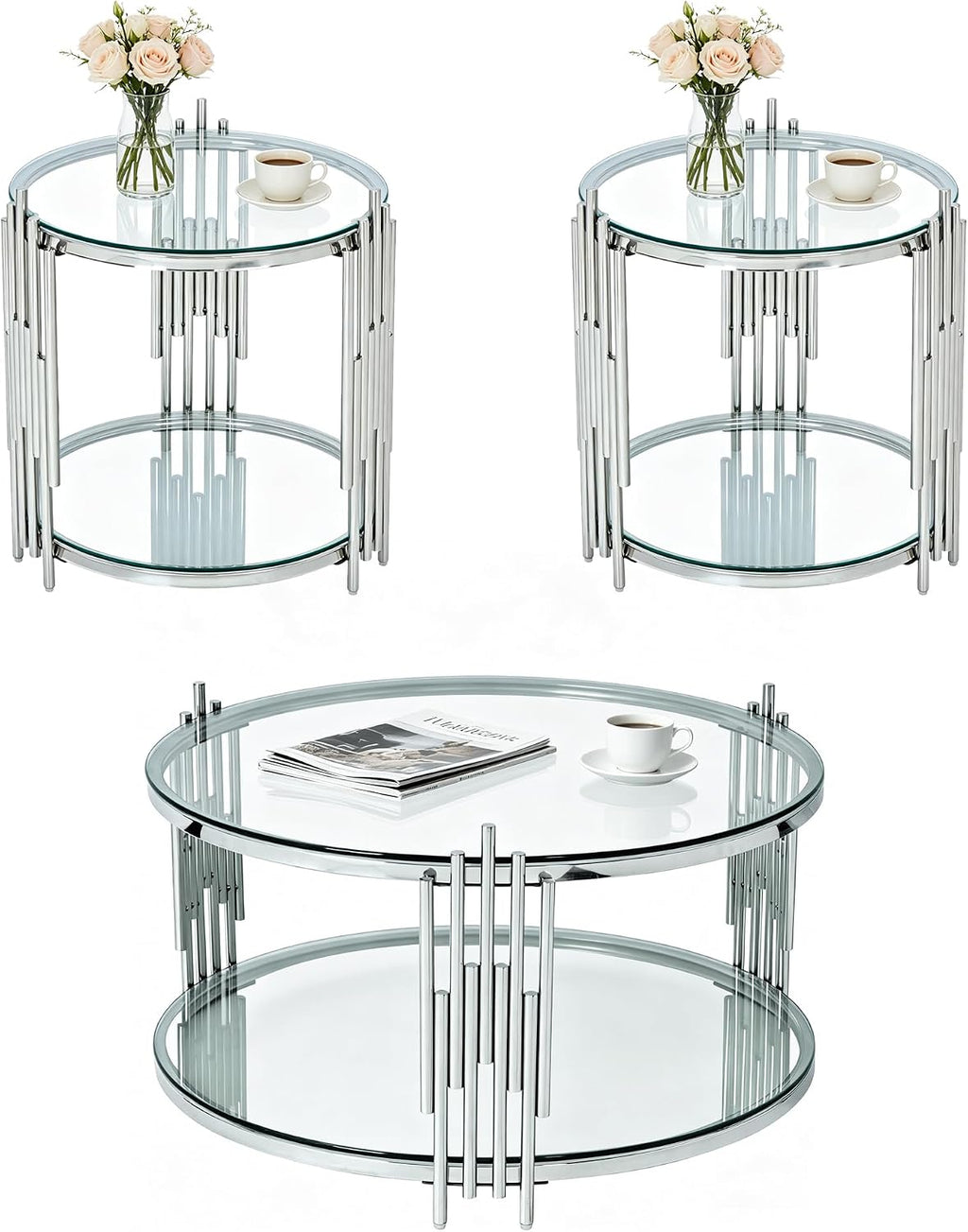 3 Piece Round Glass Coffee Table Set of 3, 31.5' Circle Coffee Table and 2 End Tables Set with Silver Stainless Steel Frame, Modern 2-Tier Clear Silver Living Room Table Set for Home Office