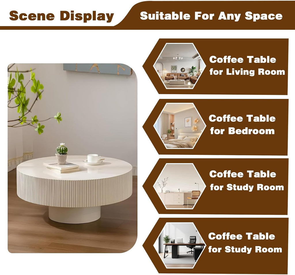Round Drum Coffee Table White Fluted Coffee Table Circle Center Table Pedestal End Table for Apartment (Cream White)