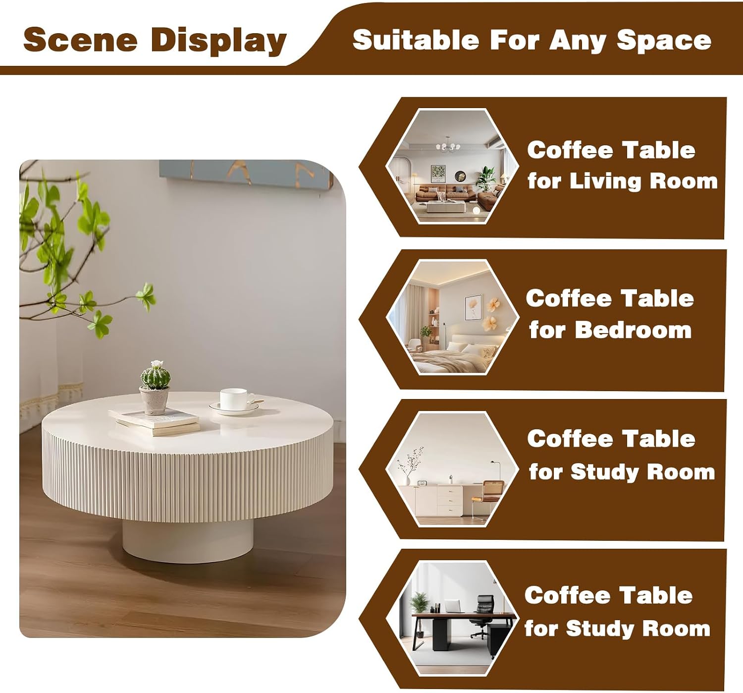 Round Drum Coffee Table White Fluted Coffee Table Circle Center Table Pedestal End Table for Apartment (Cream White)