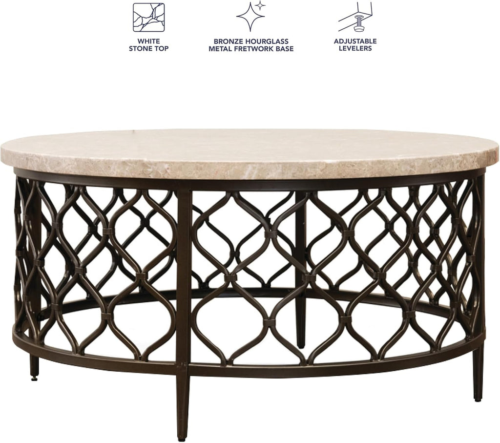 Steve Silver Furniture Roland Round Marble Coffee Table, 36-Inch Round Coffee Table, Bronze Metal Base, Modern Design, Living Room, 36'' L x 36'' W x 18'' H, White