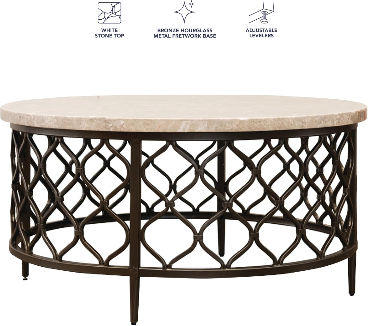 Steve Silver Furniture Roland Round Marble Coffee Table, 36-Inch Round Coffee Table, Bronze Metal Base, Modern Design, Living Room, 36'' L x 36'' W x 18'' H, White