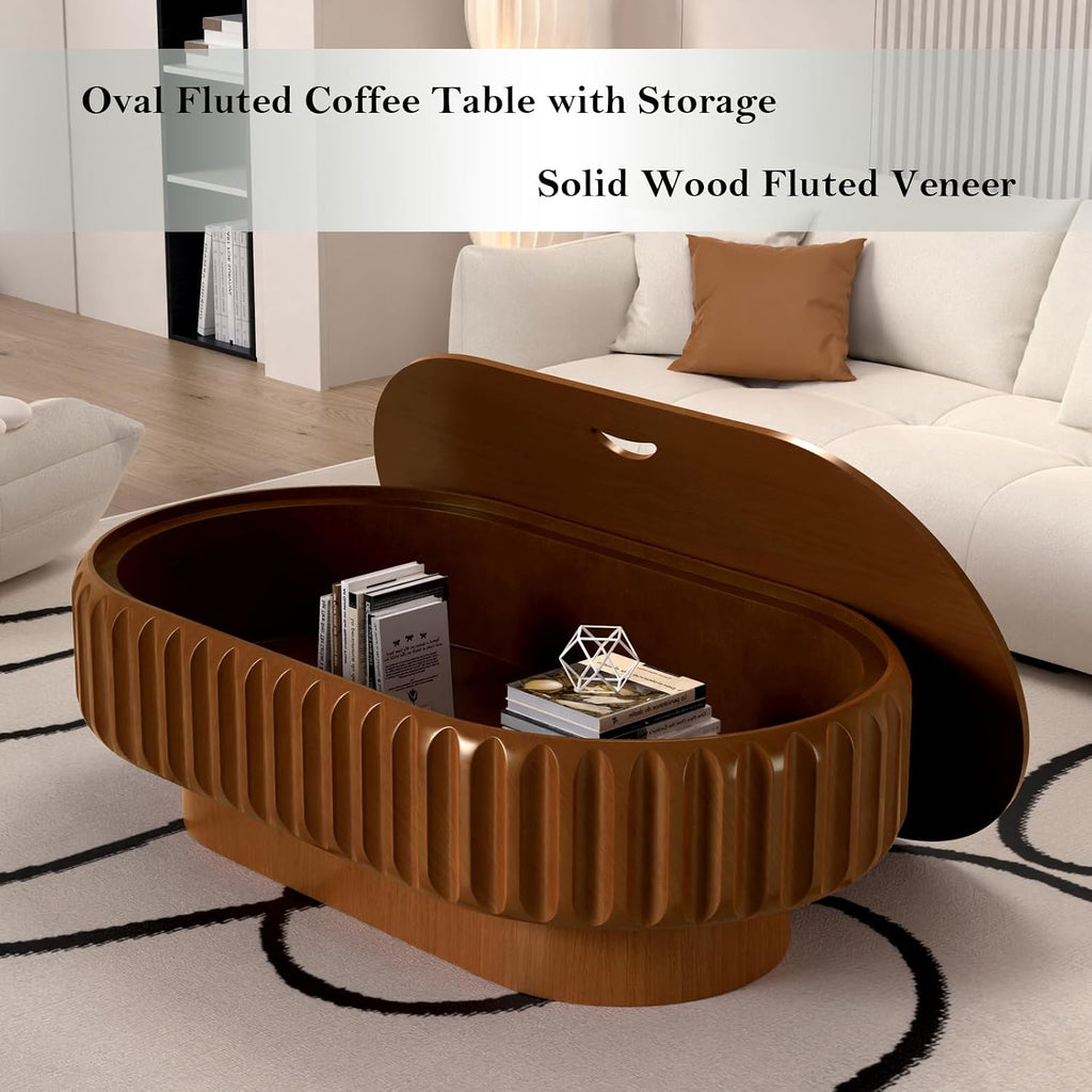 Chic Drum Coffee Table with Storage 43.3' Rustic Oval Center Table - Solid Wood Fluted Veneer Easy Assemble for Living Room Apartment (E 43.3in)