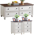 RWYHG Farmhouse Coffee Table & Night Stand Set of 3, Wood 54'' Wide Center Table & 18'' Chest of Drawers, Roman Column 3 Drawers Nightstand Set of 2, Living Room Furniture Coffee Tables Suites White