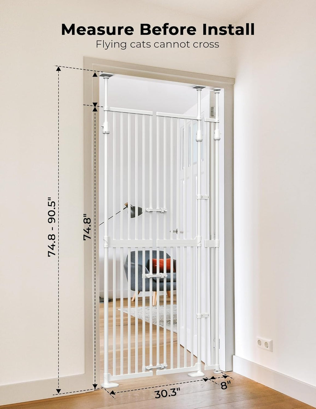 Extra Tall Cat Gate for Doorway: 74.8'-90.5' Tall Cat Gates for Pet 30.3'-38.2' Wide Pressure Mount No Wall Drilling for Indoor Stairs Doorway Room Door Dog Safety Barrier No Toddler
