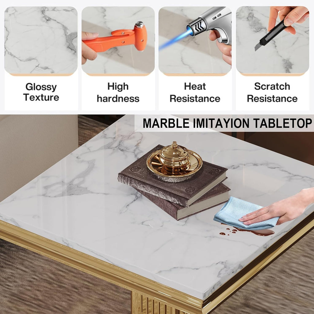 Modern 3 Piece Marble Living Room Table Set, Includes 1 Coffee Table & 2 End Table, Luxury White Faux Marble Coffee Table Set with Gold Column-Shaped Stainless Steel Base for Home Office