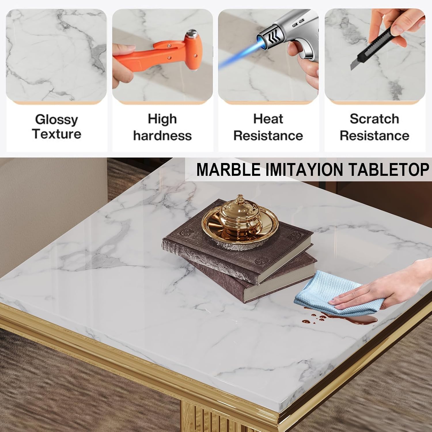 Modern 3 Piece Marble Living Room Table Set, Includes 1 Coffee Table & 2 End Table, Luxury White Faux Marble Coffee Table Set with Gold Column-Shaped Stainless Steel Base for Home Office