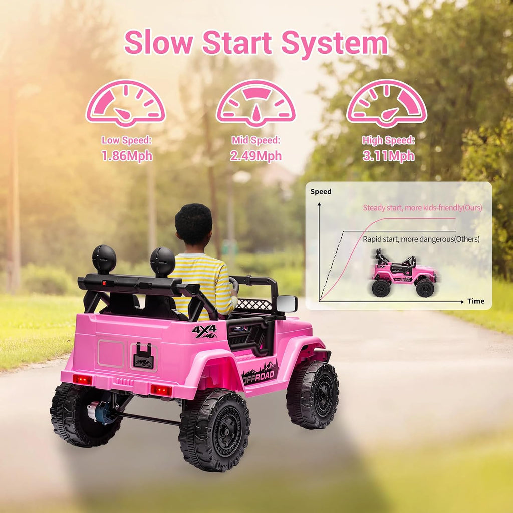 SEHOMY 12V Kids Ride On Truck with Parent Remote, 4 Wheelers Battery Powered Electric Toys Car Toddler - 3 Speed, Spring Suspension, LED Lights, Safety Start, Music, Kids Electric Vehicles Pink