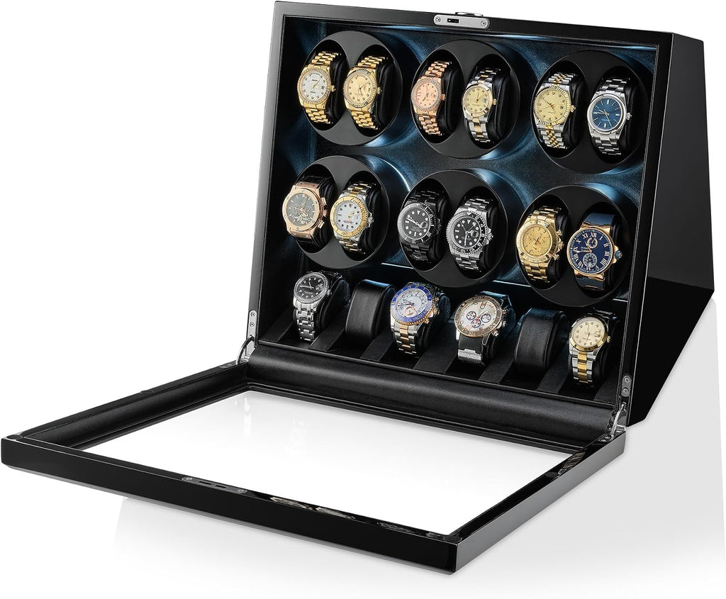 TIMECUBE 12 Watch Winder with 6 Storage Slots, LED Light and Automatic Motor-Stop
