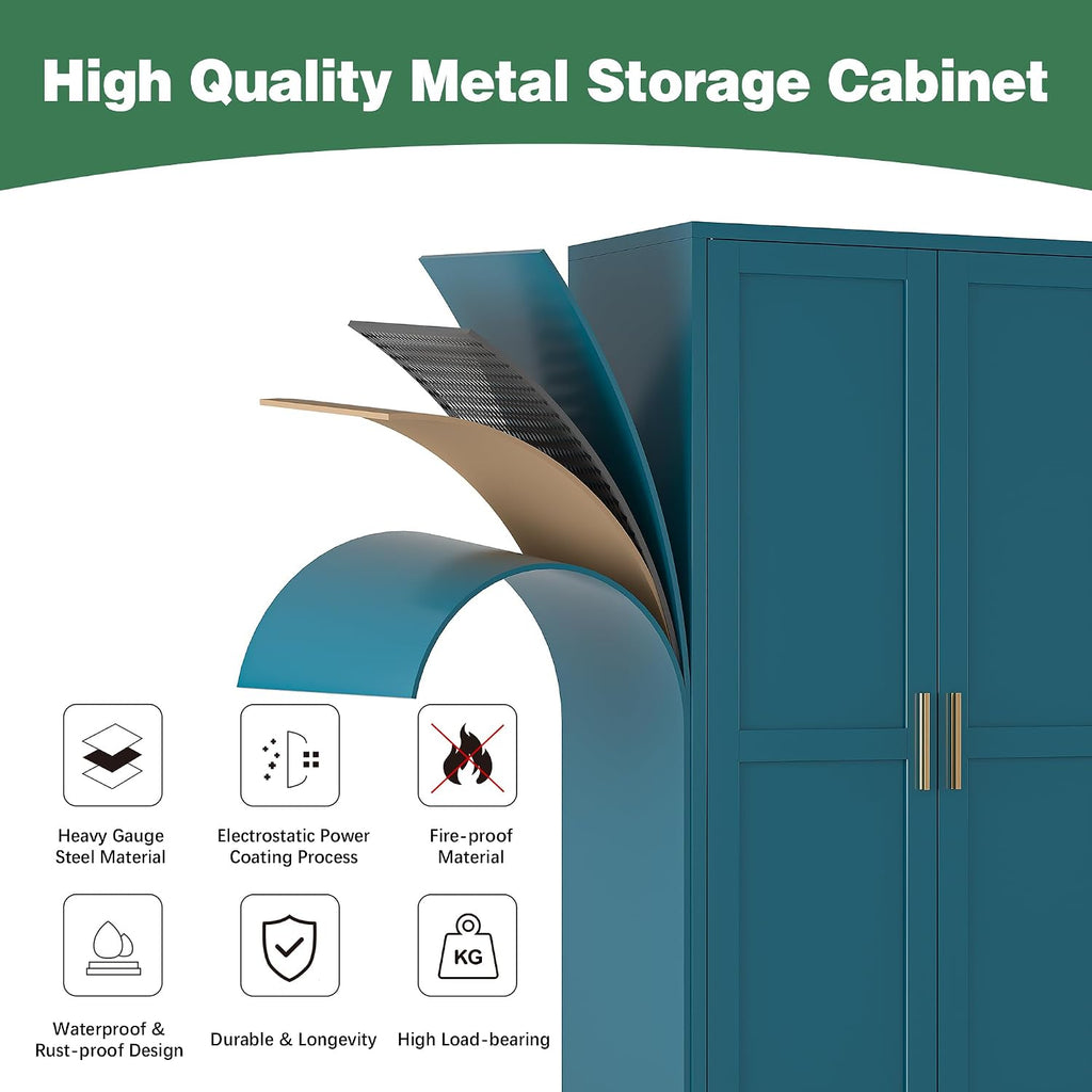 Bevivog Bathroom Storage Cabinet Freestanding, 61' Tall Metal Cabinets with Doors and Shelves, Blue Metal Pantry Cabinet for Kitchen, Living Room, Home Office