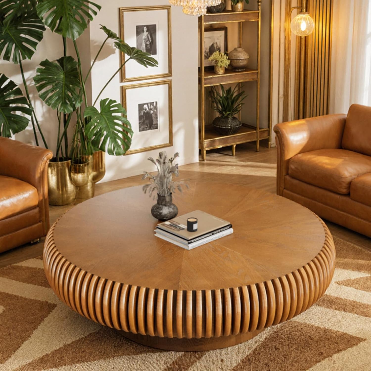 Round Drum Coffee Table Modern Coffee Tables Fluted Coffee Table Circle Center Table Pedestal End Table for Living Room Bedroom(Brown 31.5in)