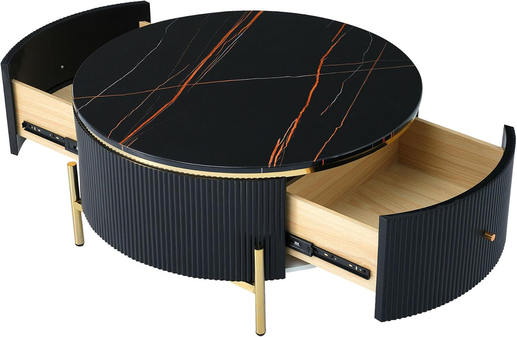 Modern Round Coffee Table with 2 Large Drawers Storage Accent Table for Living Room, Black(31.5'')