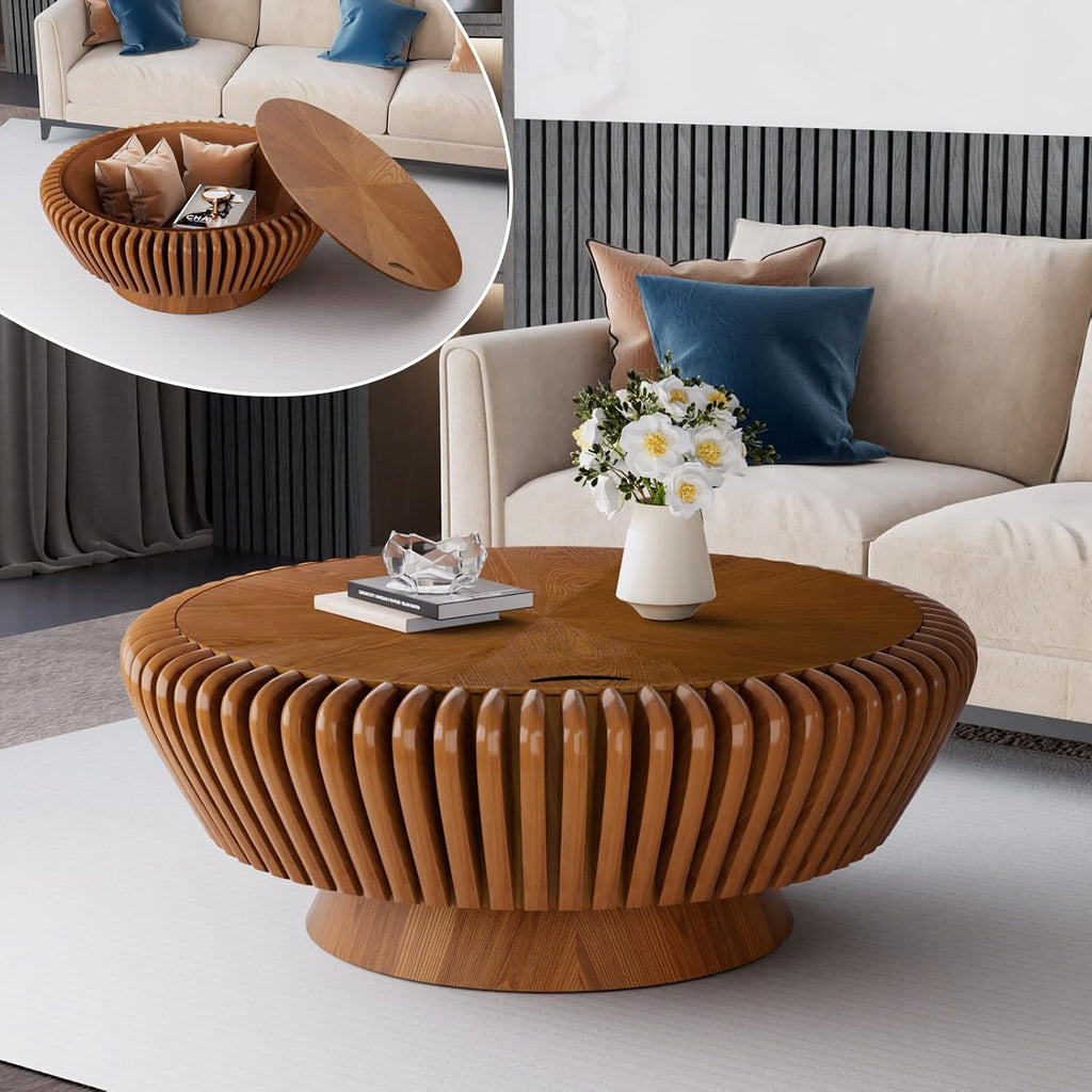 35.4' Fluted Coffee Table with Storage Rustic Chic Circle Drum Center Tables - Handcraft Solid Wood Fluted Veneer for Living Room (M Brown 35.4in)