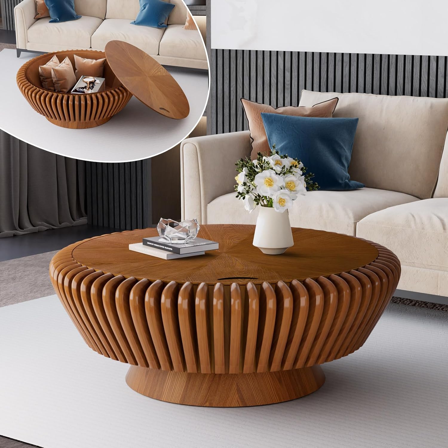 35.4' Fluted Coffee Table with Storage Rustic Chic Circle Drum Center Tables - Handcraft Solid Wood Fluted Veneer for Living Room (M Brown 35.4in)