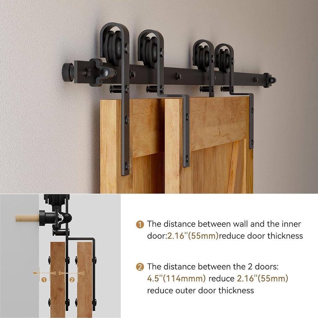10 Feet Bypass Sliding Barn Door Hardware Kit for Double Wooden Doors-Single Track with Bypass Door Floor Guide