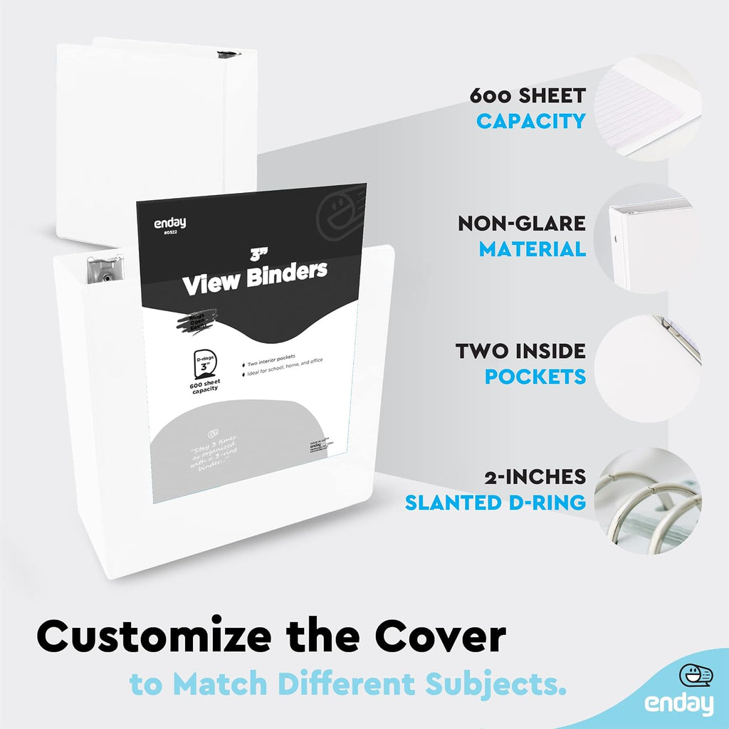 3 Inch Binders 3 Ring, White 3 Inch Round Ring Binder with Clear View Cover & 2 Inside Pockets, School Supplies Binders (24 PC) – by Enday