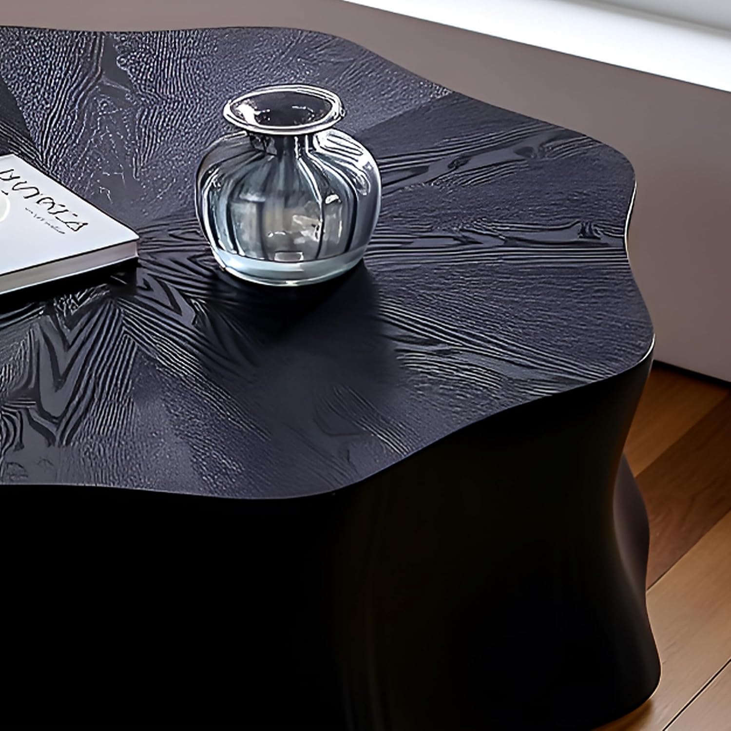 35.4' Square Coffee Table for Small Spaces, Black Flower Petal Design with Sturdy MDF Top, Low Profile Modern Minimalist Accent Center Table for Apartment, Lounge, Office