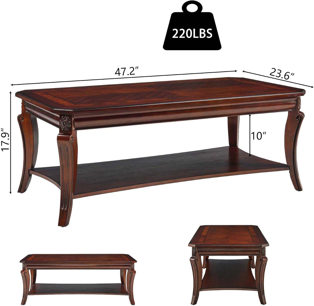 LEEMTORIG Coffee Table Set of 3 for Living Room, 3 Piece Living Room Coffee Table and End Tables Set, Vintage Wood Queen Anne Style 2-Tier Tables with Storage Shelf, Cherry Walnut KFZCJZ-A1168-WD